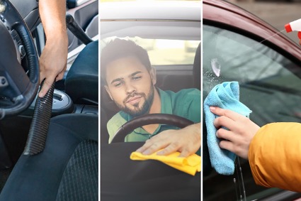 Menschen reinigen ihr Auto.
