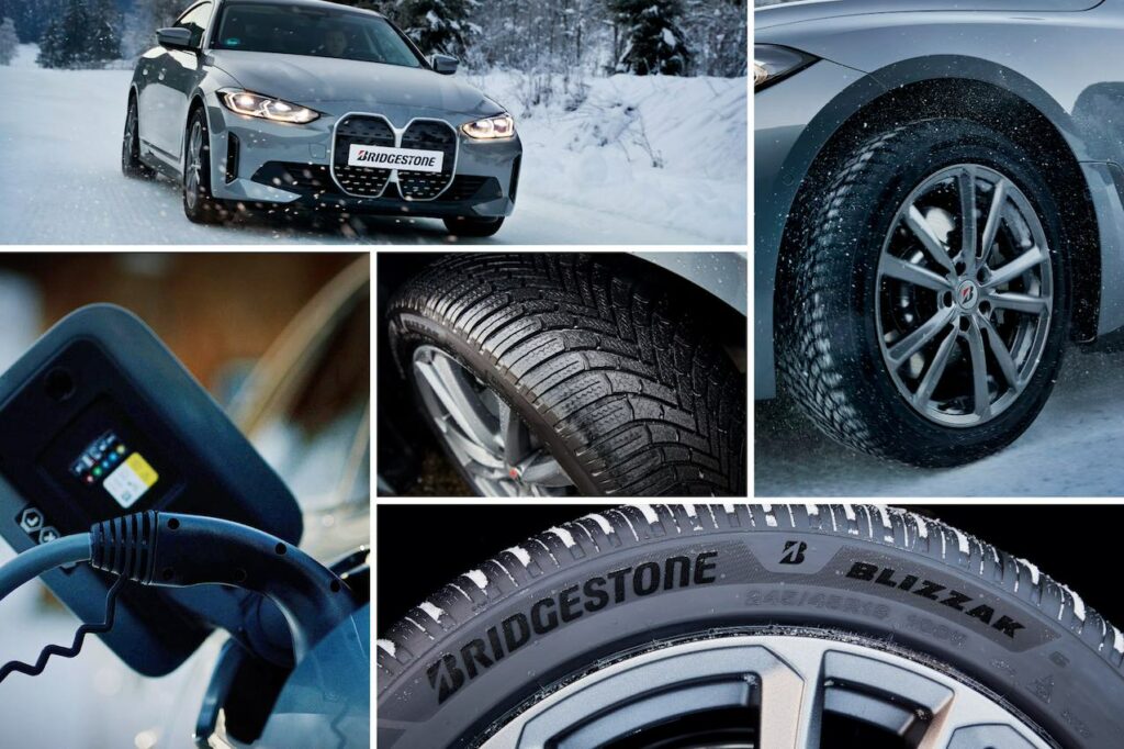 Verschiedene Aufnahmen von einem Auto mit Bridgestone-Reifen.